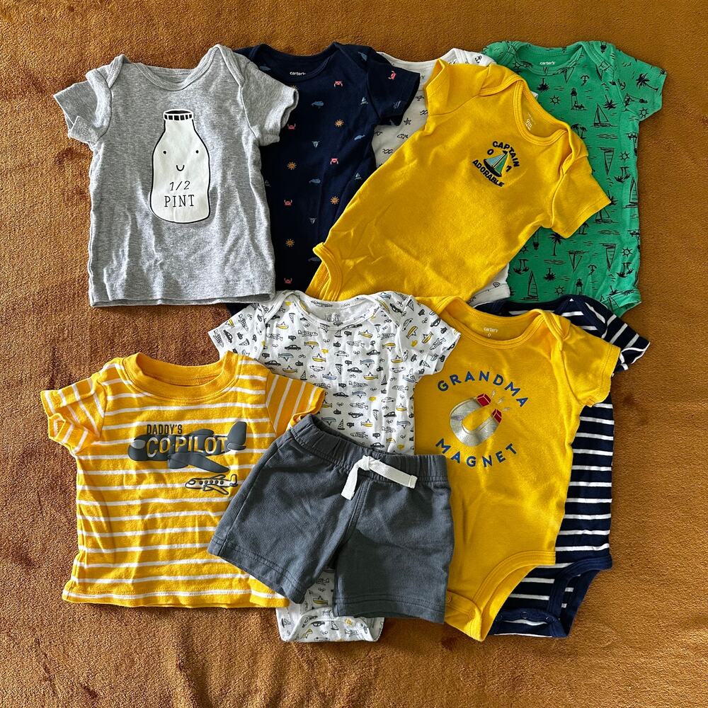 Carter's Boys 9 Month Bundle- (7) Bodysuits, (2) Shirts, and (1) Shorts